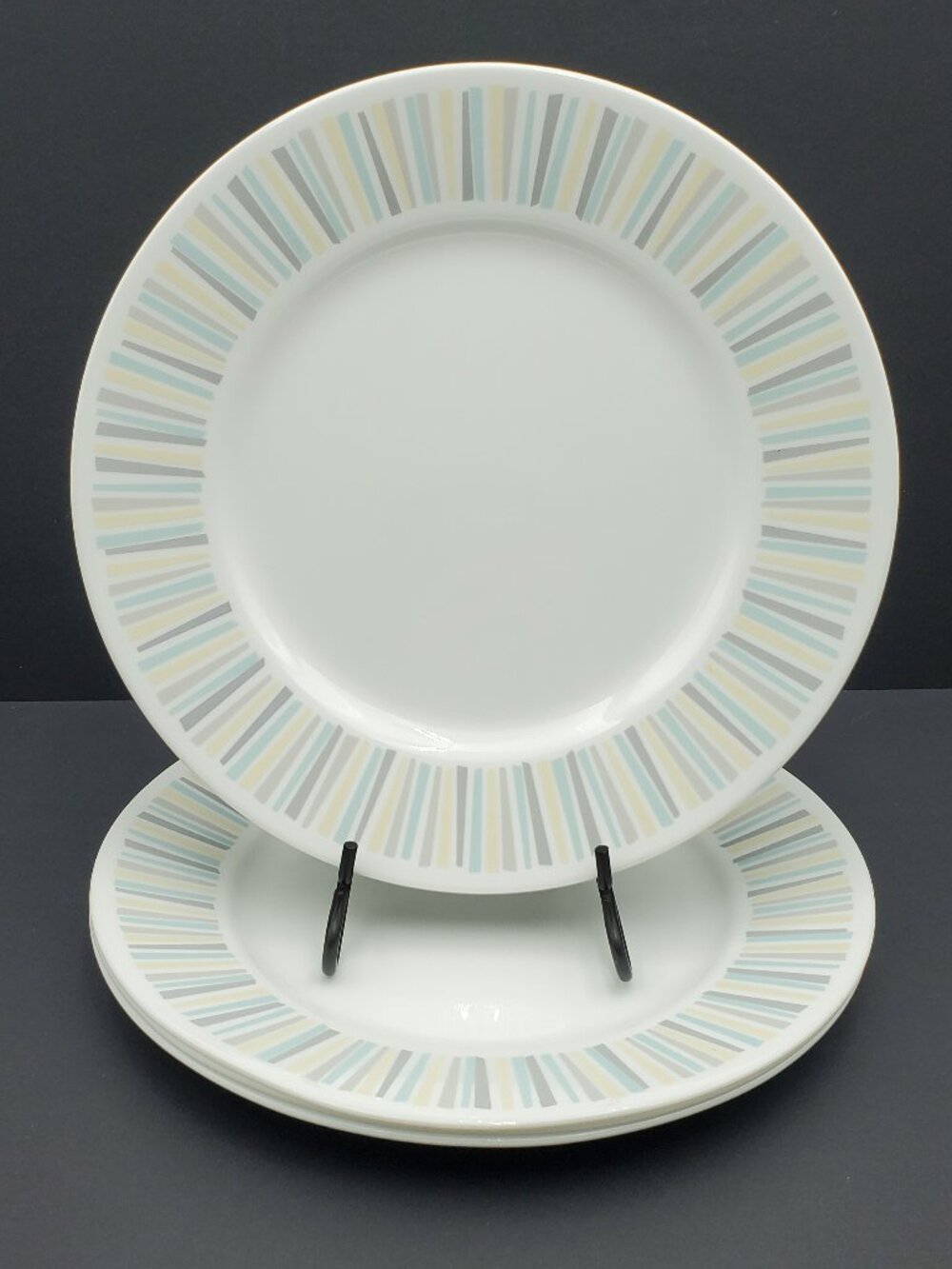 Corelle Maritime Dinner Plates White Plates with Gray Yellow Blue Striped Rims